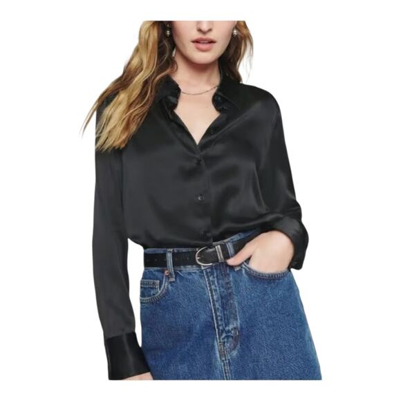 Reformation Quiet Luxury Women's size XL Black 100% Silk Button Up Old Money Top - Picture 2 of 16